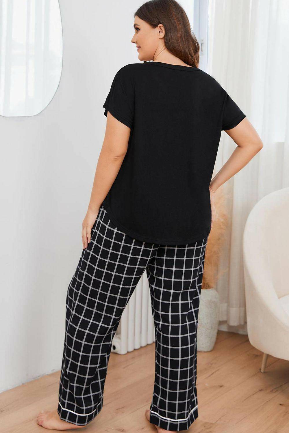 Plus Size V-Neck Top and Plaid Pants Lounge Set - Carri's Cache