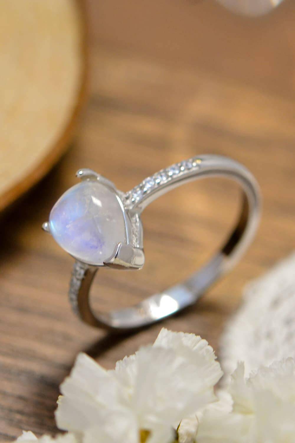 High Quality Natural Moonstone Teardrop Side Stone Ring - Carri's Cache