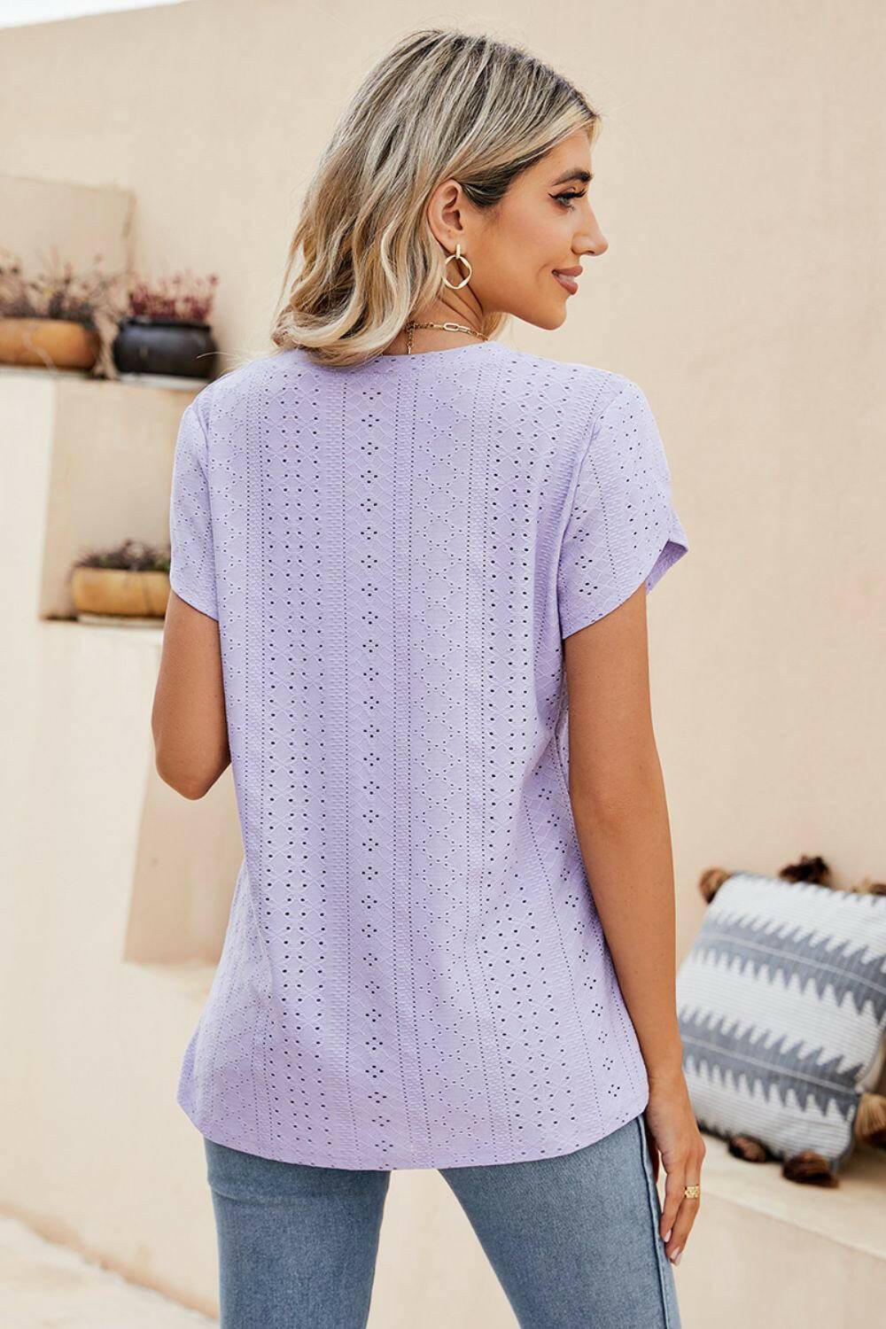 Eyelet Petal Sleeve V-Neck Knit Top.