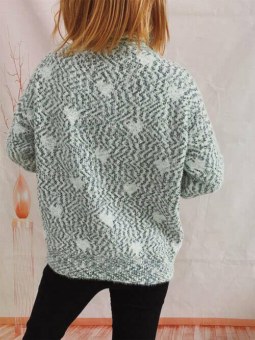 Heart Heathered Turtleneck Drop Shoulder Sweater - Carri's Cache