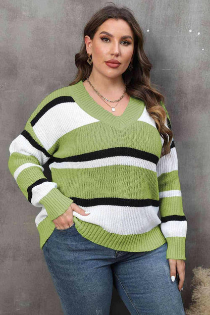 Plus Size Striped V-Neck Dropped Shoulder Sweater - Carri's Cache