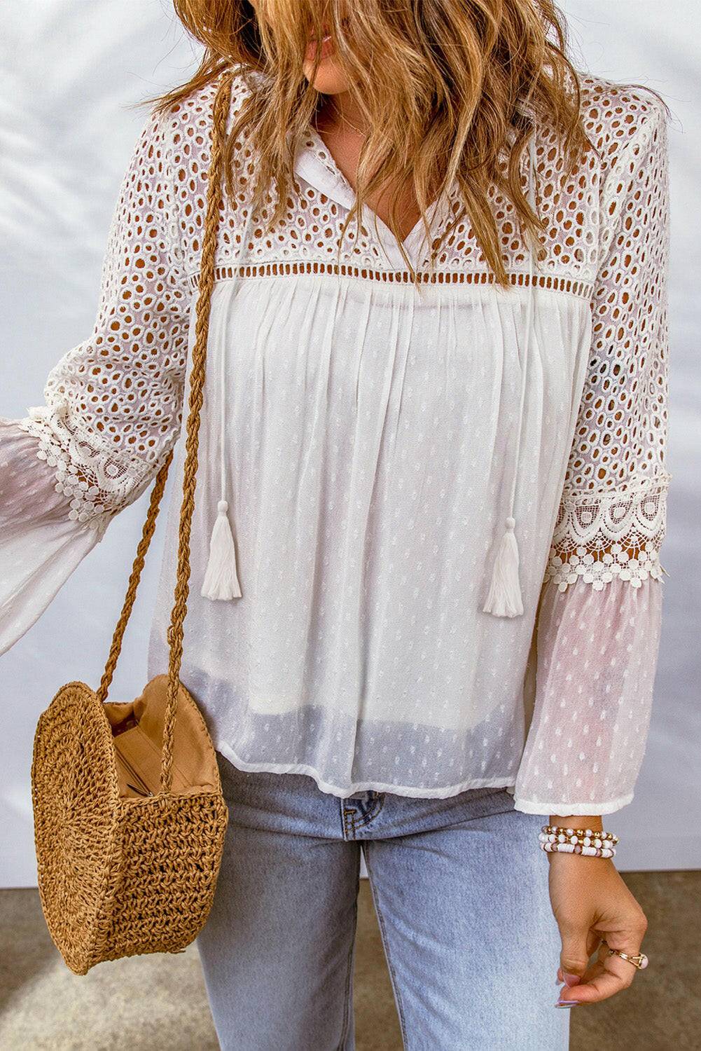 Eyelet Tassel Tie Flare Sleeve Blouse.