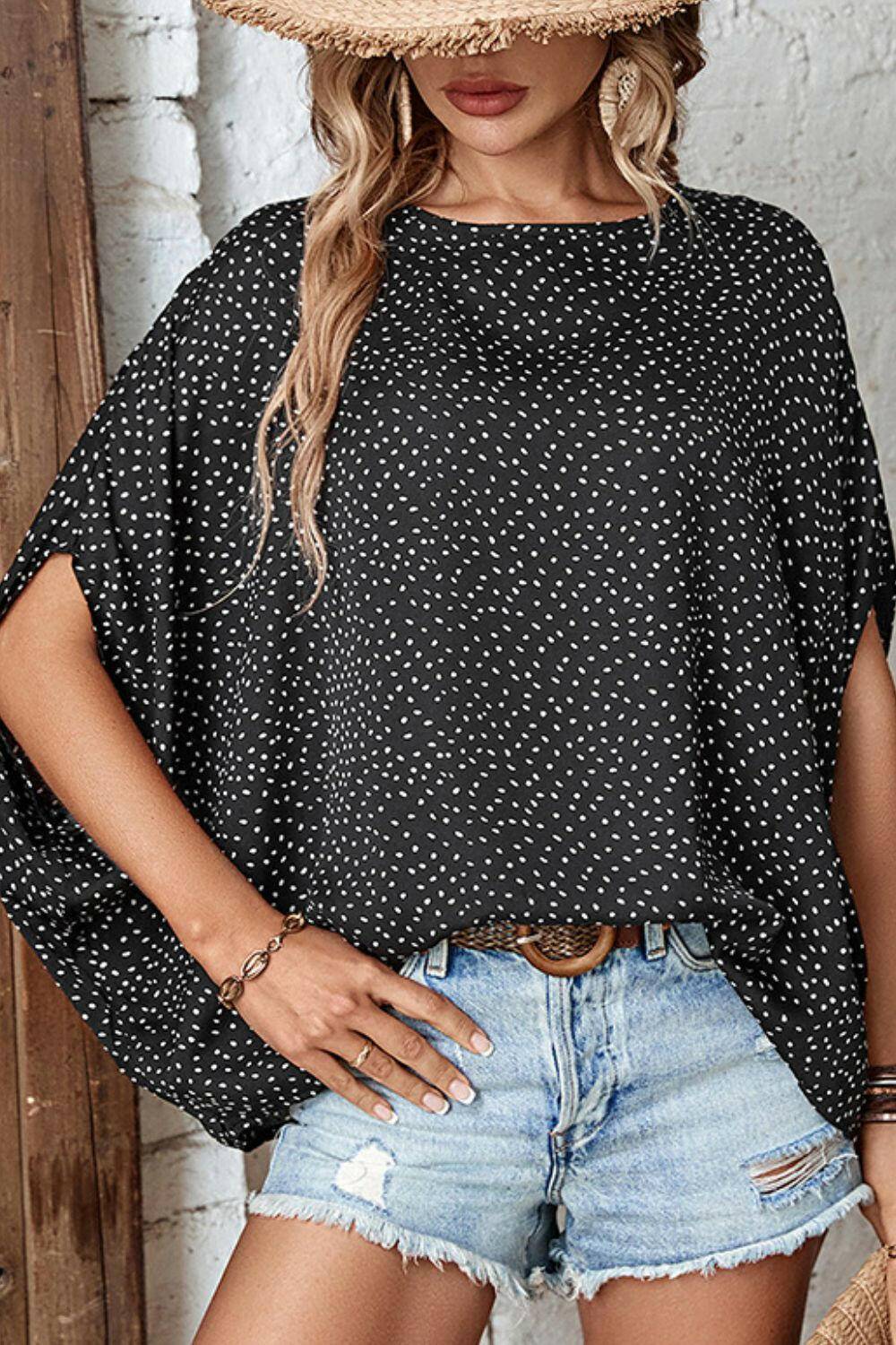 Printed Dolman Sleeve Round Neck Blouse.