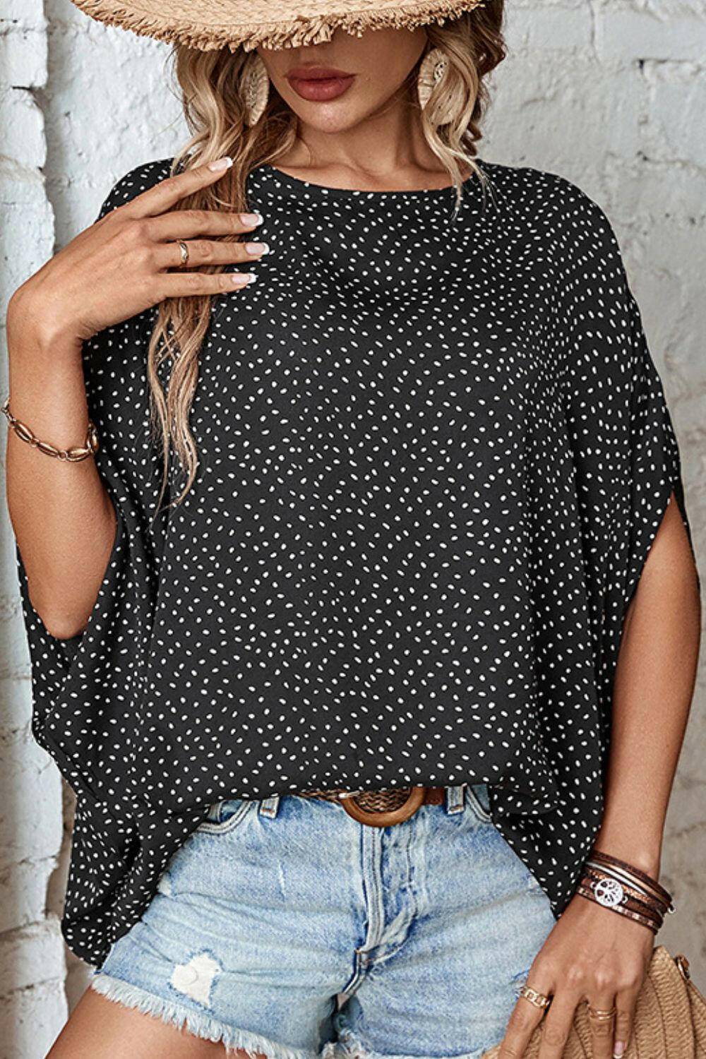 Printed Dolman Sleeve Round Neck Blouse.