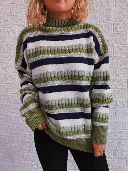 Striped Drop Shoulder Round Neck Sweater - Carri's Cache