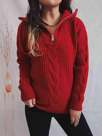 Ribbed Half Zip Long Sleeve Sweater - Carri's Cache