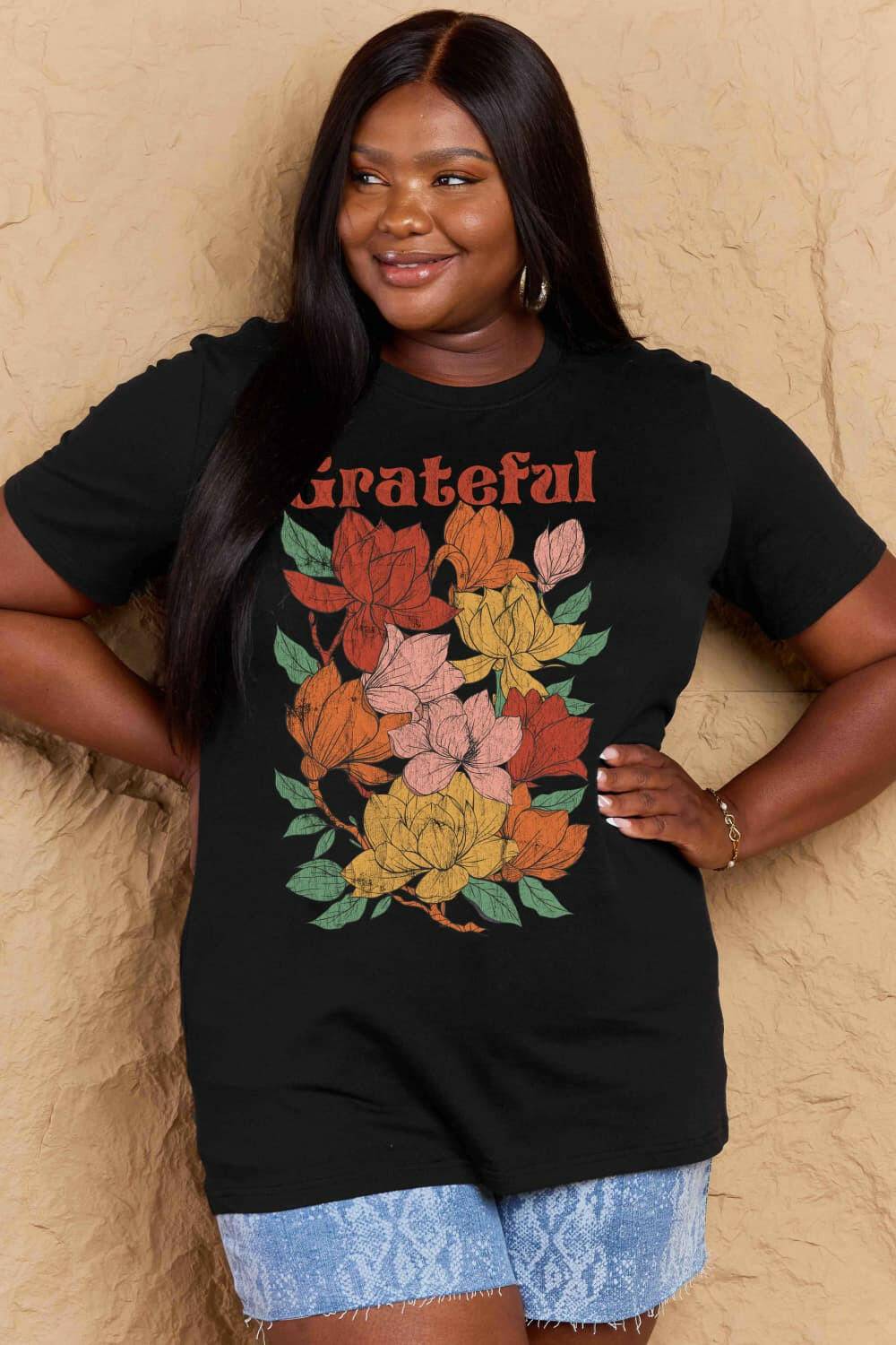 Simply Love Full Size GRATEFUL Flower Graphic Cotton T-Shirt - Carri's Cache