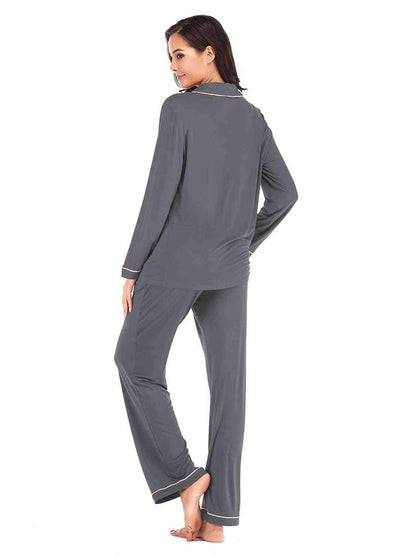 Collared Neck Long Sleeve Loungewear Set with Pockets - Carri's Cache