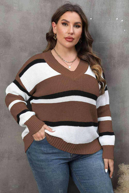 Plus Size Striped V-Neck Dropped Shoulder Sweater - Carri's Cache