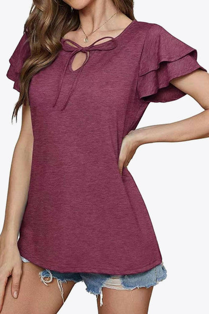 Tie-Neck Layered Flutter Sleeve Blouse.