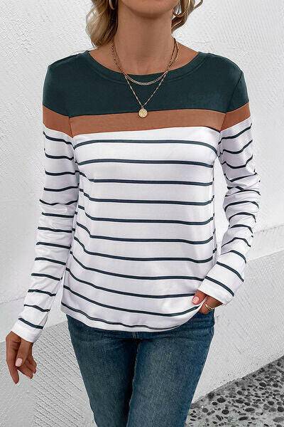 Striped Round Neck Long Sleeve T-Shirt - Carri's Cache