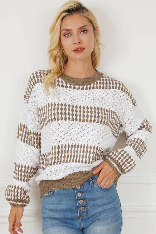 Striped Round Neck Long Sleeve Knit Top - Carri's Cache