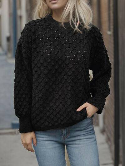 Openwork Round Neck Long Sleeve Sweater - Carri's Cache