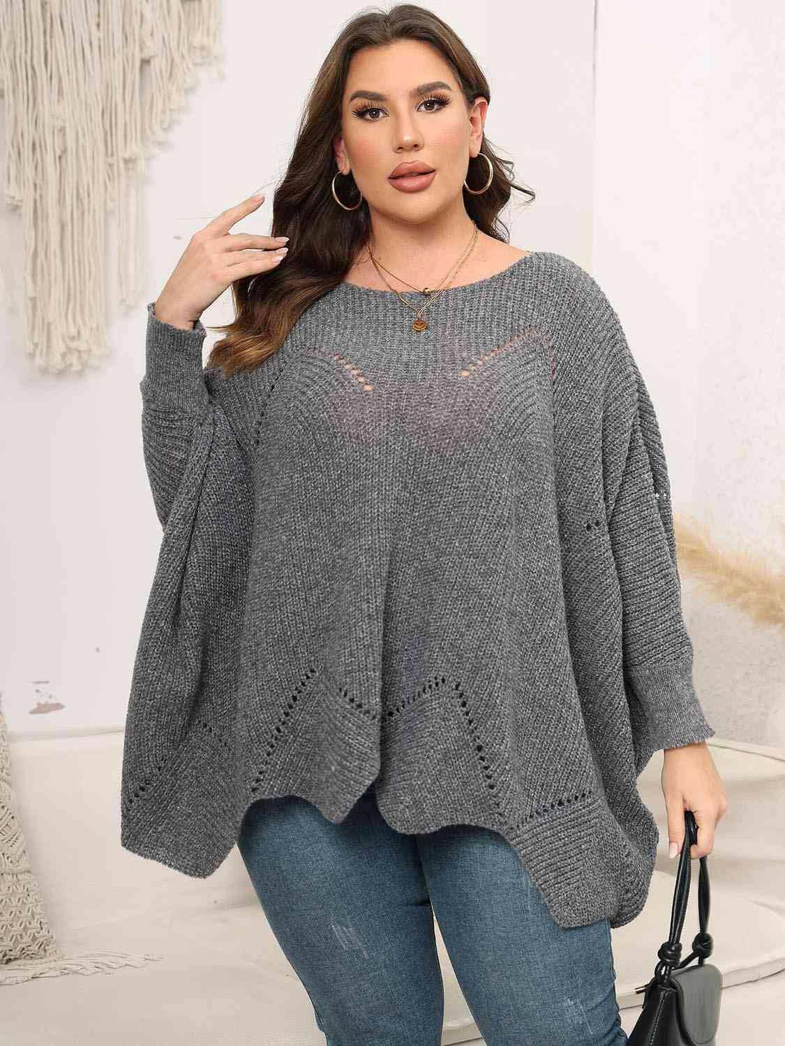 Plus Size Round Neck Batwing Sleeve Sweater - Carri's Cache