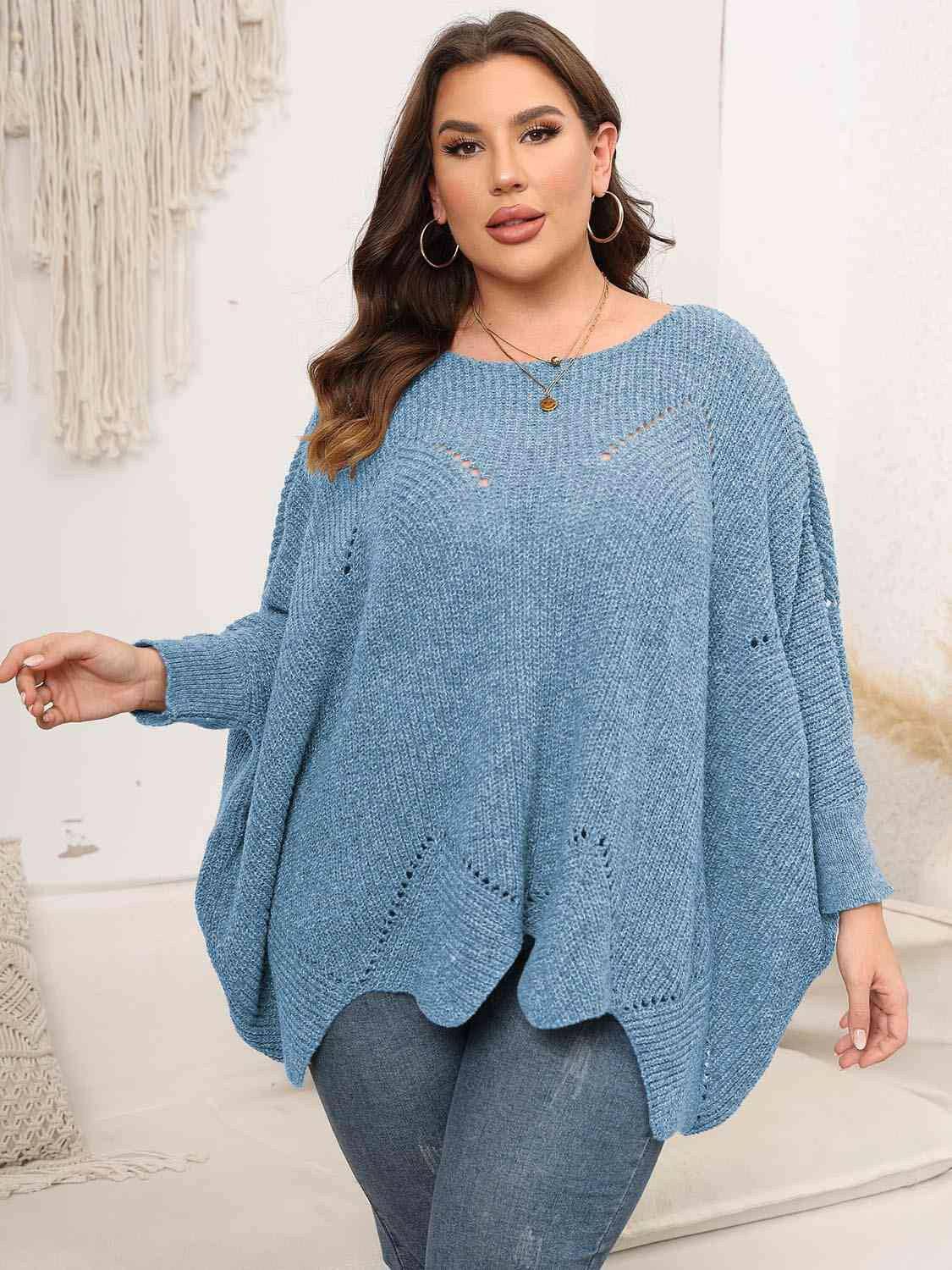 Plus Size Round Neck Batwing Sleeve Sweater - Carri's Cache