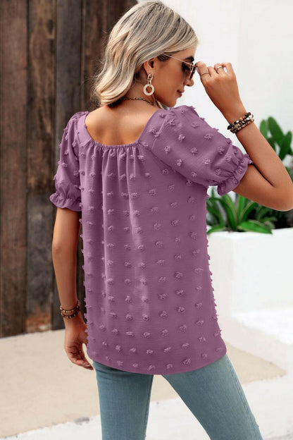 Swiss Dot Puff Sleeve Square Neck Blouse.