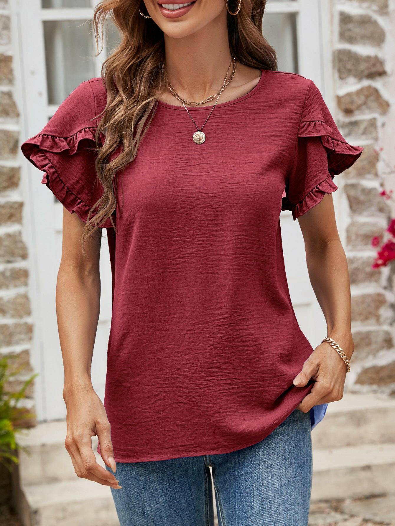 Textured Petal Sleeve Round Neck Tee.