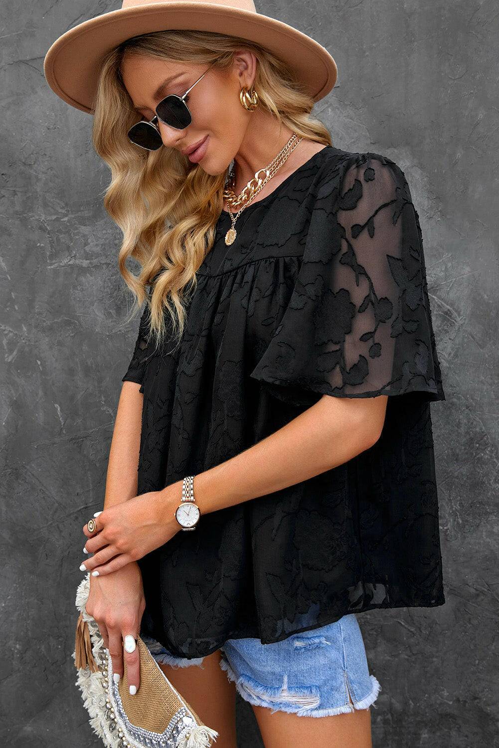 Round Neck Puff Sleeve Blouse - Carri's Cache