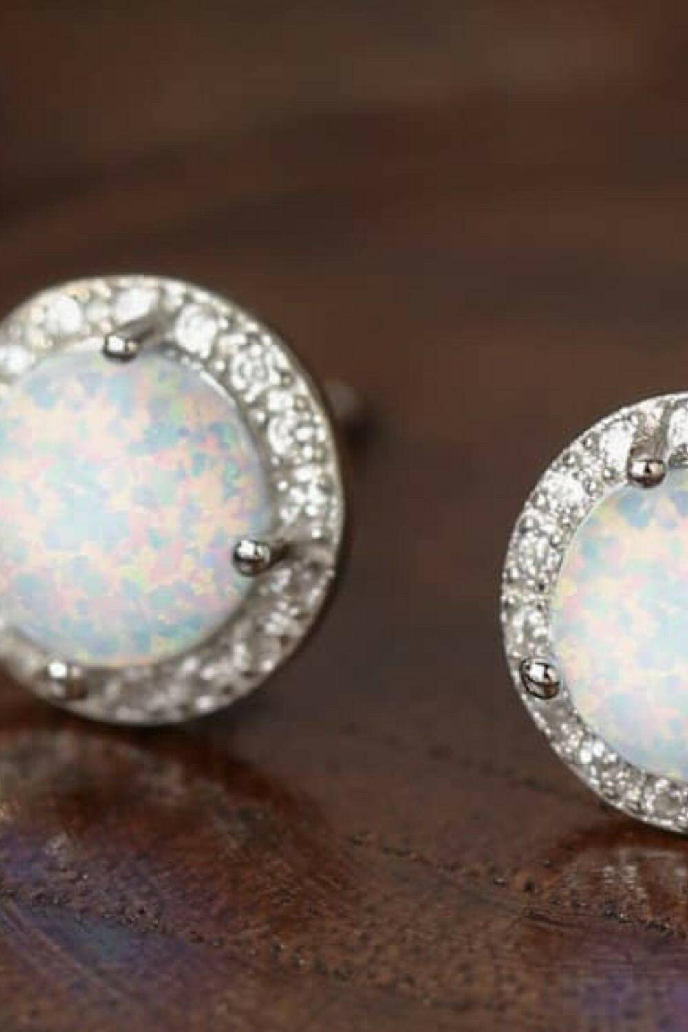 925 Sterling Silver Platinum-Plated Opal Round Stud Earrings.