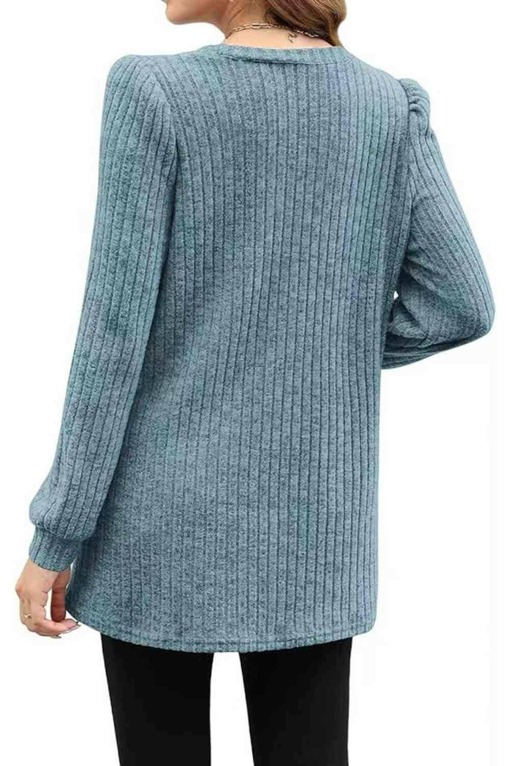 Ribbed Round Neck Long Sleeve T-Shirt - Carri's Cache