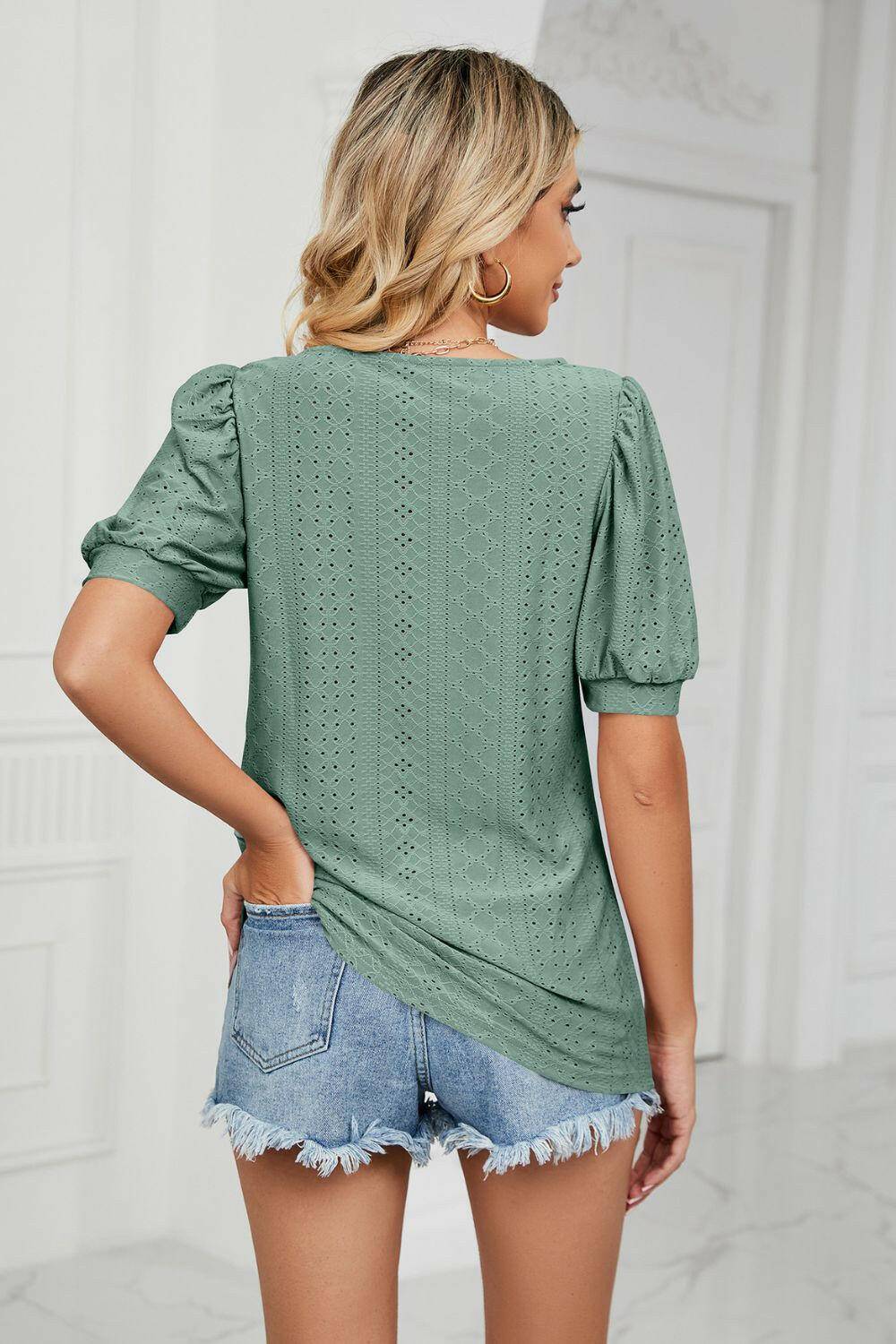 Eyelet Puff Sleeve Round Neck Top.