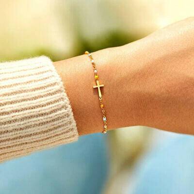 18K Gold-Plated Cross Bead Bracelet - Carri's Cache