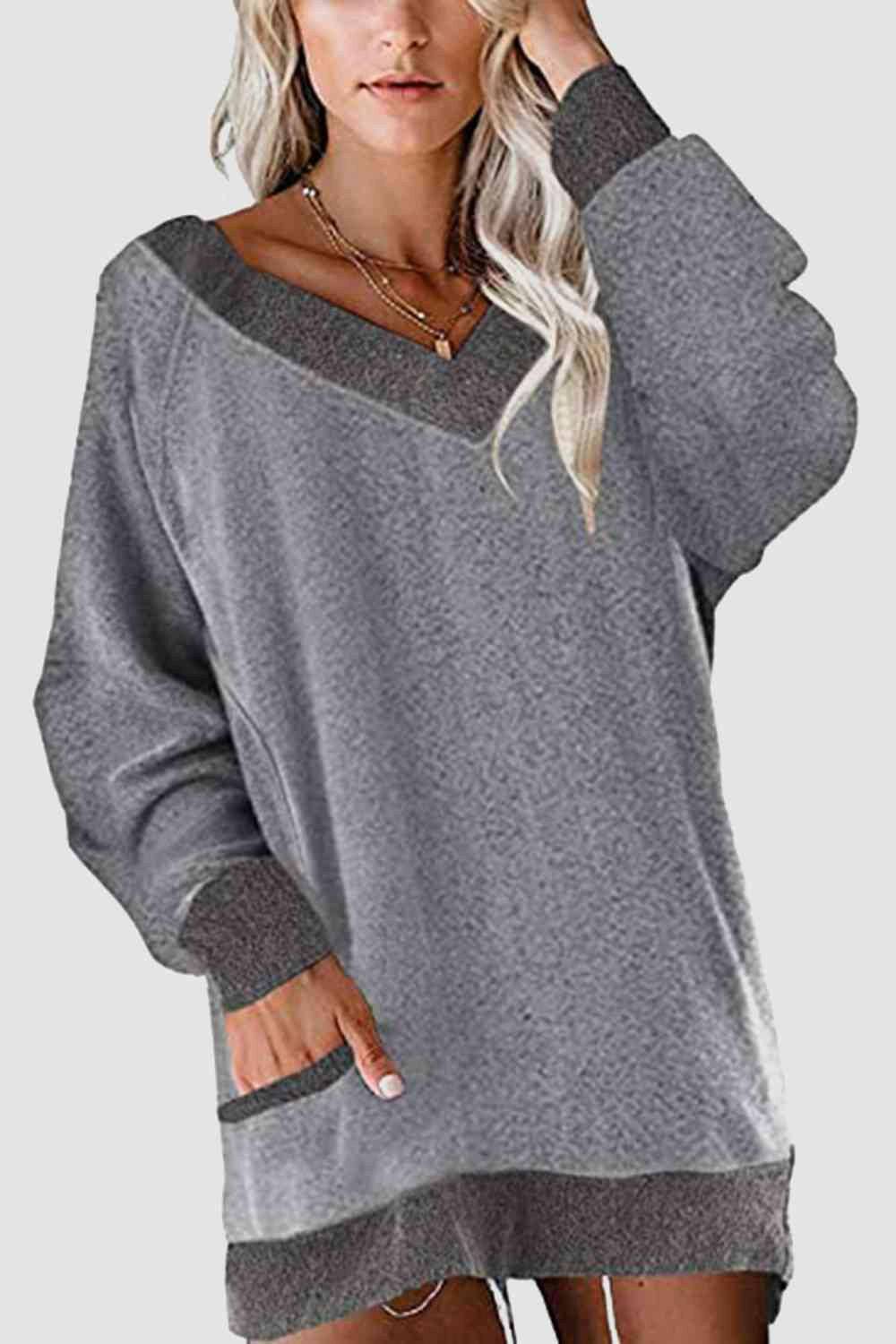 V-Neck Long Sleeve Sweatshirt with Pockets - Carri's Cache