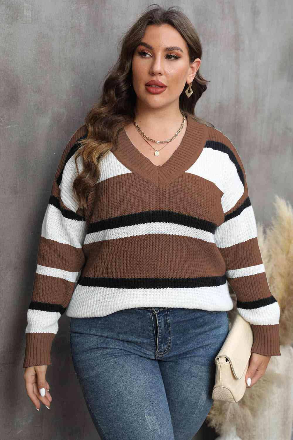 Plus Size Striped V-Neck Dropped Shoulder Sweater - Carri's Cache