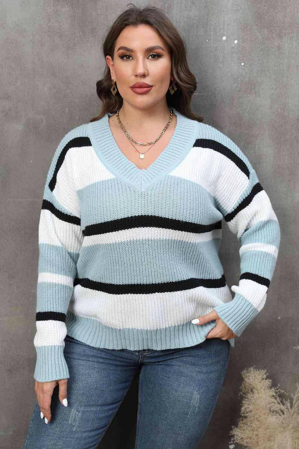 Plus Size Striped V-Neck Dropped Shoulder Sweater - Carri's Cache