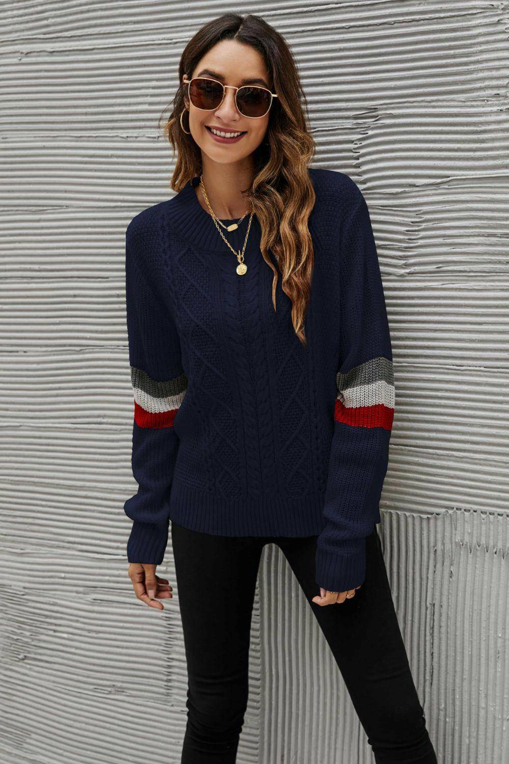 Feeling You Best Striped Cable-Knit Round Neck Sweater - Carri's Cache