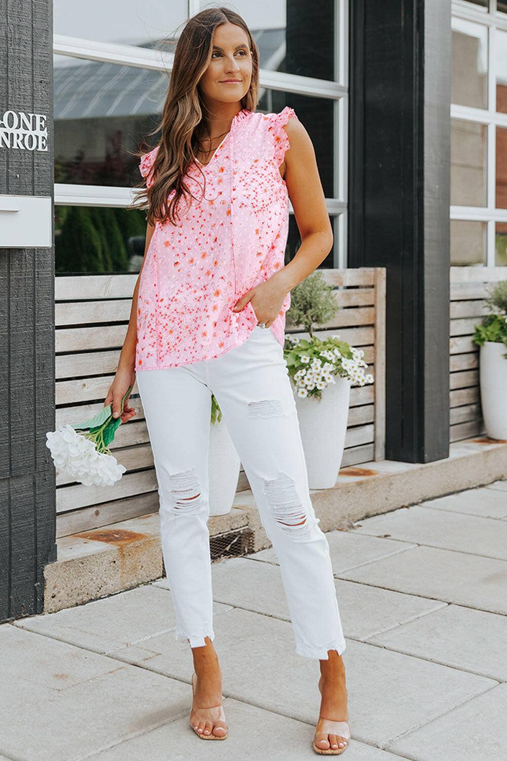 Floral Tie Neck Ruffled Sleeveless Top.