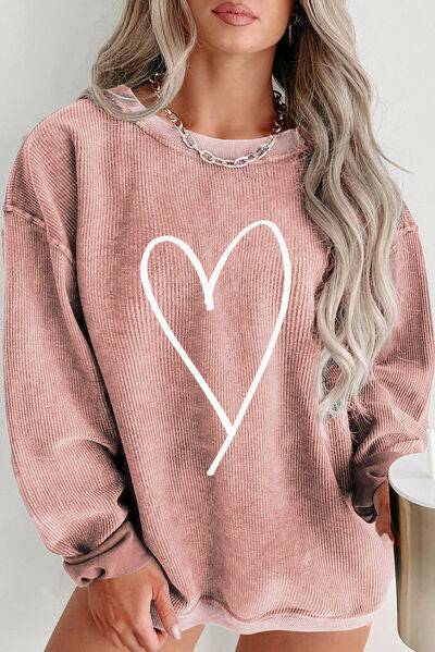 Plus Size Heart Ribbed Round Neck Sweatshirt - Carri's Cache