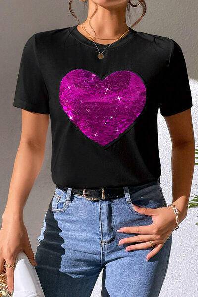 Heart Sequin Round Neck Short Sleeve T-Shirt - Carri's Cache