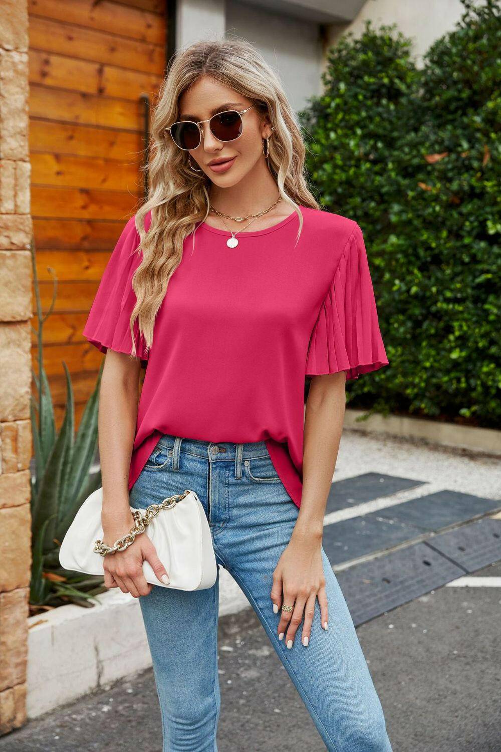 Pleated Flutter Sleeve Round Neck Blouse - Carri's Cache