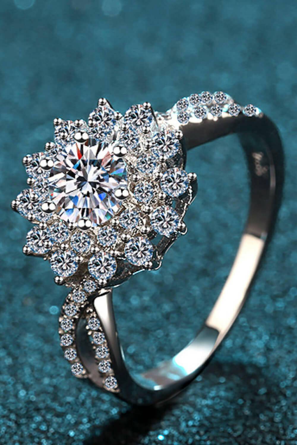 Moissanite Flower-Shape Split Shank Ring.