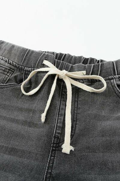 Drawstring Distressed Raw Hem Jeans with Pockets - Carri's Cache