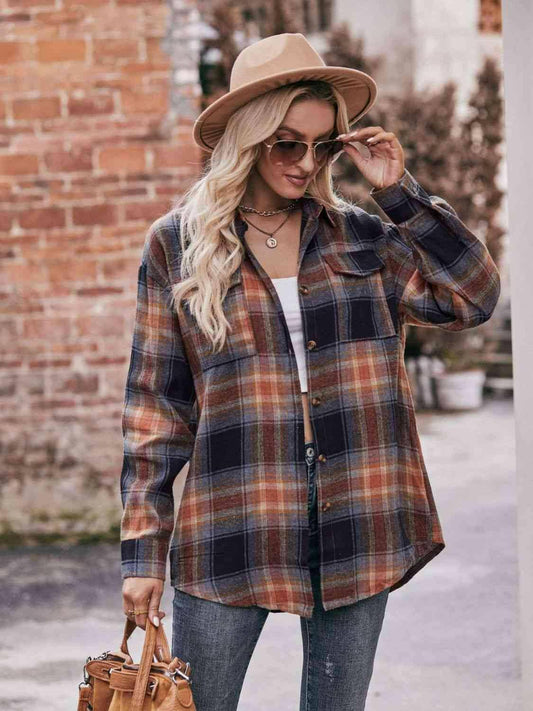 Plaid Dropped Shoulder Longline Shirt - Carri's Cache