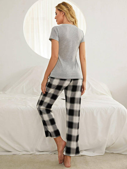 Plaid Heart Tee and Pants Lounge Set with Pockets - Carri's Cache