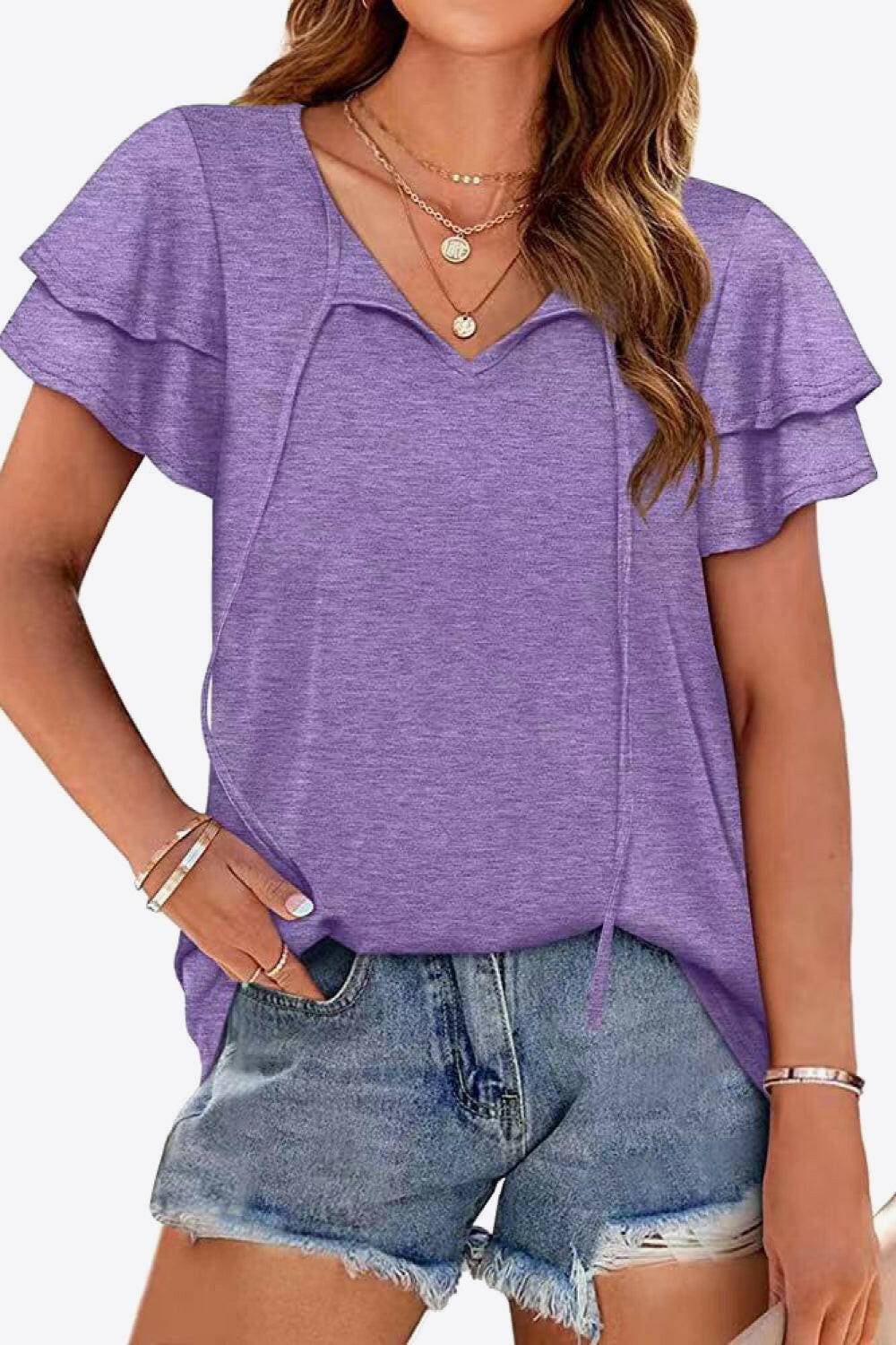 Tie-Neck Layered Flutter Sleeve Blouse.