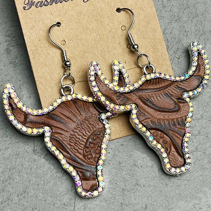 Rhinestone Trim Alloy Bull Earrings - Carri's Cache