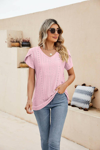 Eyelet Petal Sleeve V-Neck Knit Top.