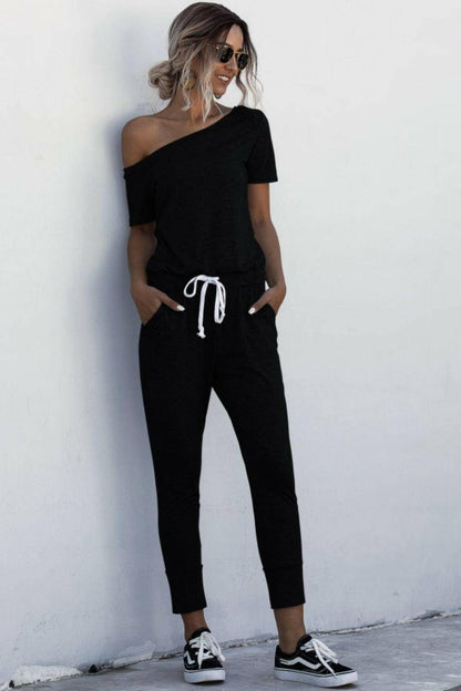 Asymmetrical Neck Tied Jumpsuit with Pockets.