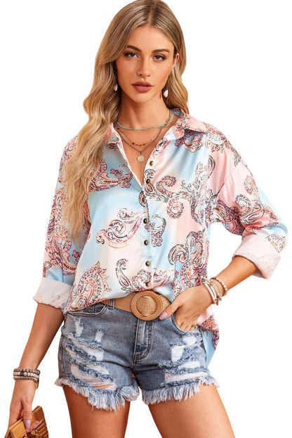 Printed Long Sleeve Collared Shirt - Carri's Cache