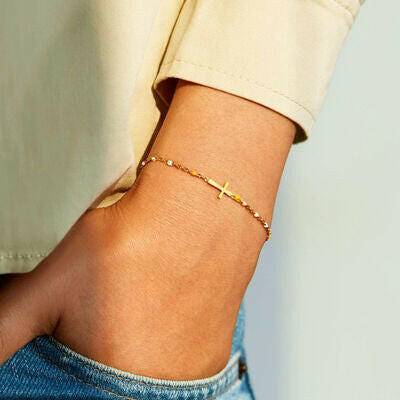 18K Gold-Plated Cross Bead Bracelet - Carri's Cache