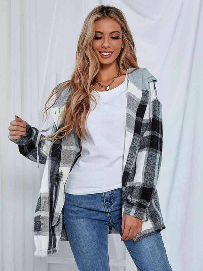 Plaid Hooded Jacket with Pockets - Carri's Cache