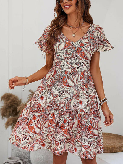 Printed V-Neck Tiered Dress.