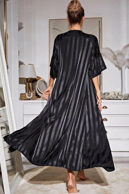 Striped Flounce Sleeve Open Front Robe and Cami Dress Set - Carri's Cache