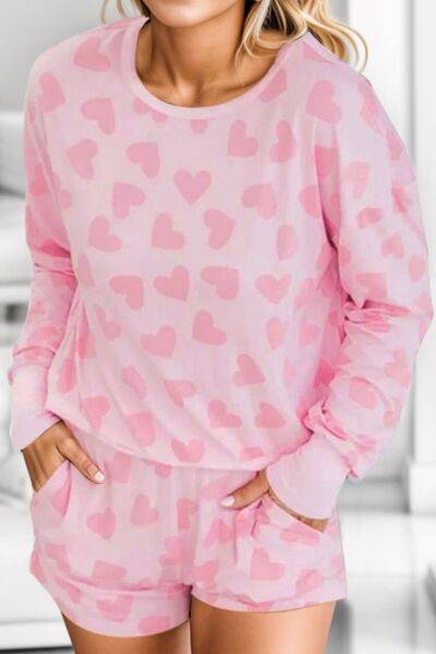 Heart Print Round Neck Top and Shorts Lounge Set - Carri's Cache