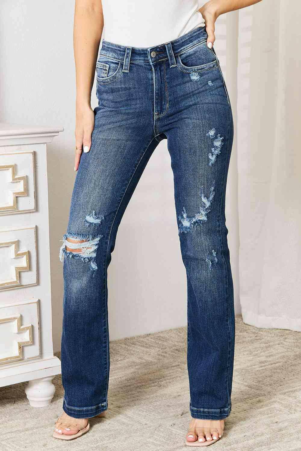 Judy Blue Full Size Mid Rise Hand Sand & Destroy Bootcut Jeans - Carri's Cache