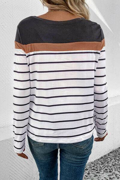 Striped Round Neck Long Sleeve T-Shirt - Carri's Cache